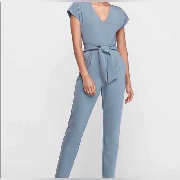 Express Pants - Express Light Blue V-Neck Tie-Waist Jumpsuit